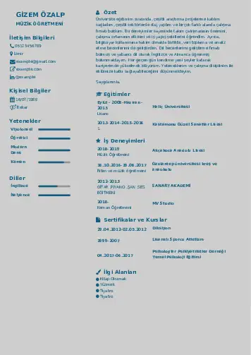 Müzik Öğretmeni Cv Örnekleri cv indir